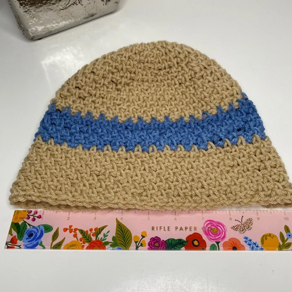 Handmade Crochet Beanie Hat‎ Tan Blue Stripe Adult Women Winter Warm Cottagecore